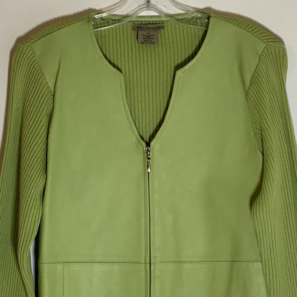 Escapade Jacket Womens Medium Green Leather Ribbed Knit Full Zip Lined - Picture 2 of 16